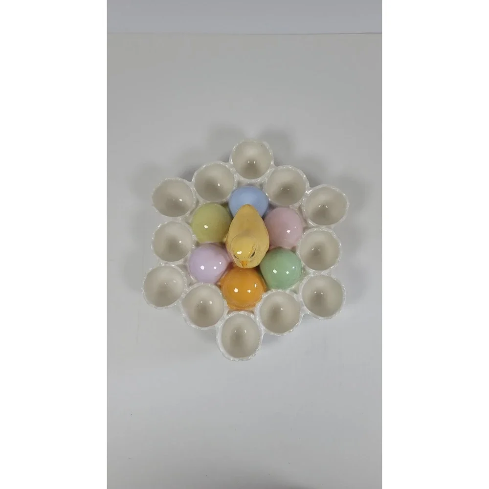 Vintage Easter Egg Ceremic Holder Chick With 12 Cracked‎ Egg Holders Deviled